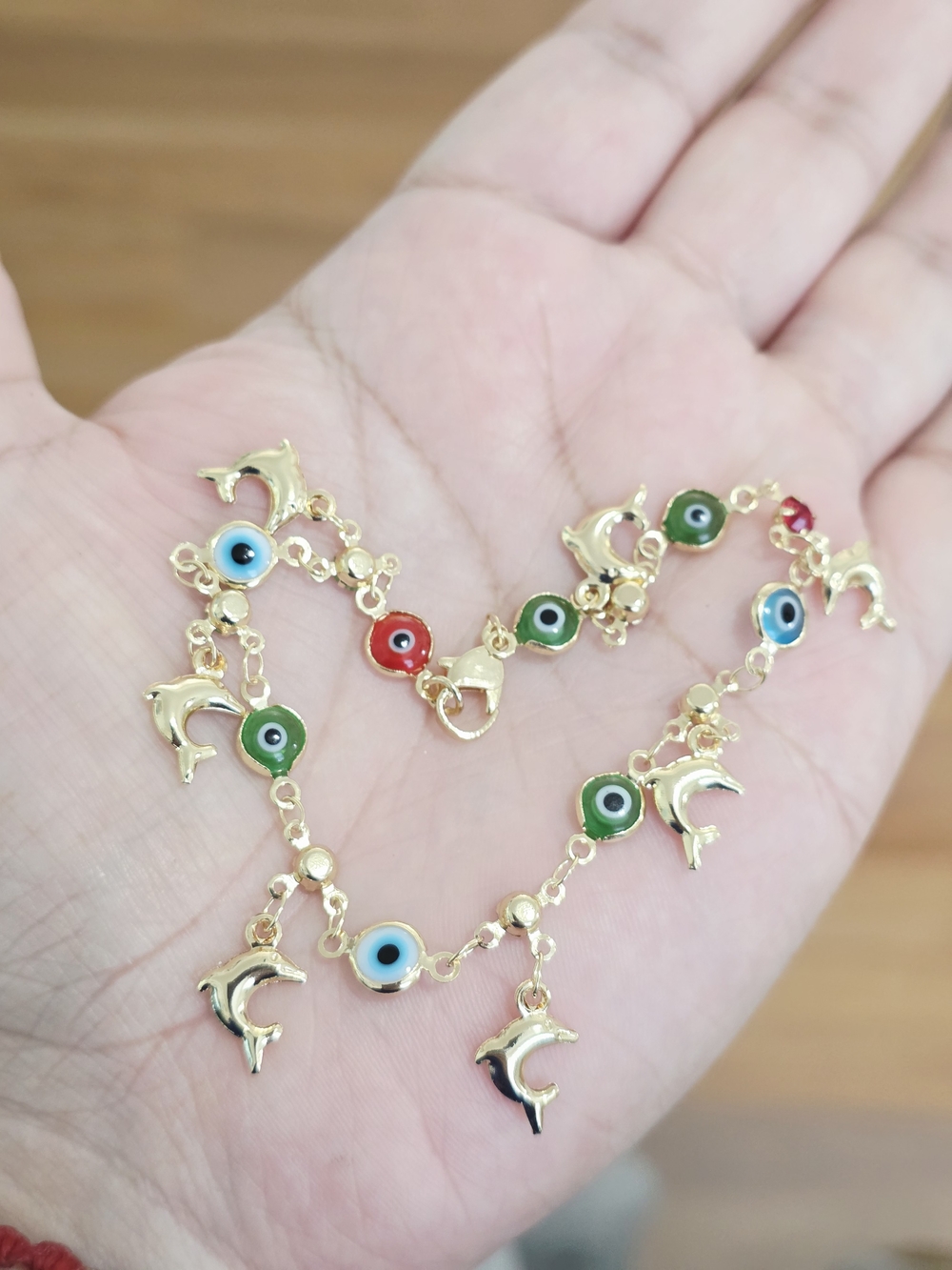 Gold-Tone Multi-Color Evil Eye & Dolphin Charm Bracelet